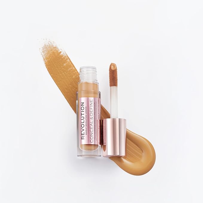 Makeup Revolution Conceal and Define Concealer, Full Coverage & Matte Finish, C12.2 for Medium/Tan Skin Tones, Vegan & Cruelty-Free, 0.7 Fl Oz-BrightBean Baby