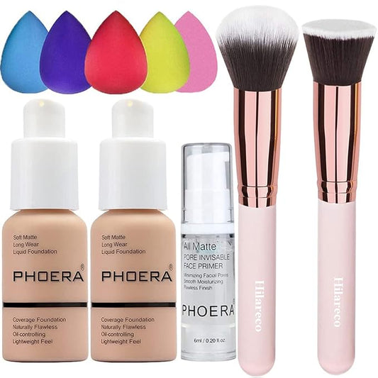 2 Pack PHOERA Foundation Warm Peach 103 and Face Primer,Liquid Full Coverage Foundation Set,Foundation Brush Powder Brush,5 Makeup Sponge, 24HR Matte Oil Control Concealer (103- Warm peach)-BrightBean Baby