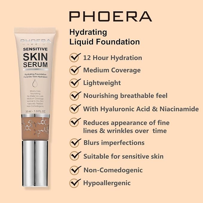 PHOERA Essence Foundation, Hypoallergenic Full Coverage Foundation Serum, Hydrating Light, Matte Oil Control.(N03 Buff Beige, norm)-BrightBean Baby