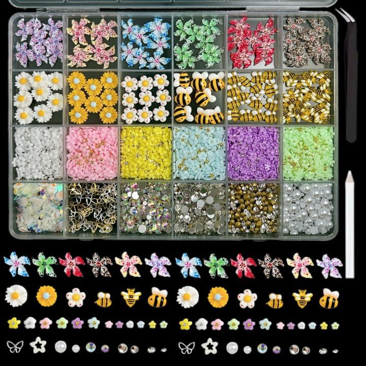 Flowers Nail Charms and Gems, Cute 3D Bee Daisy Hawaii Flowers Nail Art Charms for Acrylic Nails, Gold Silver Butterfly Nail Rhinestone and Charms,White Flatback Pearl Nail Charms Manicure DIY Crafts-BrightBean Baby