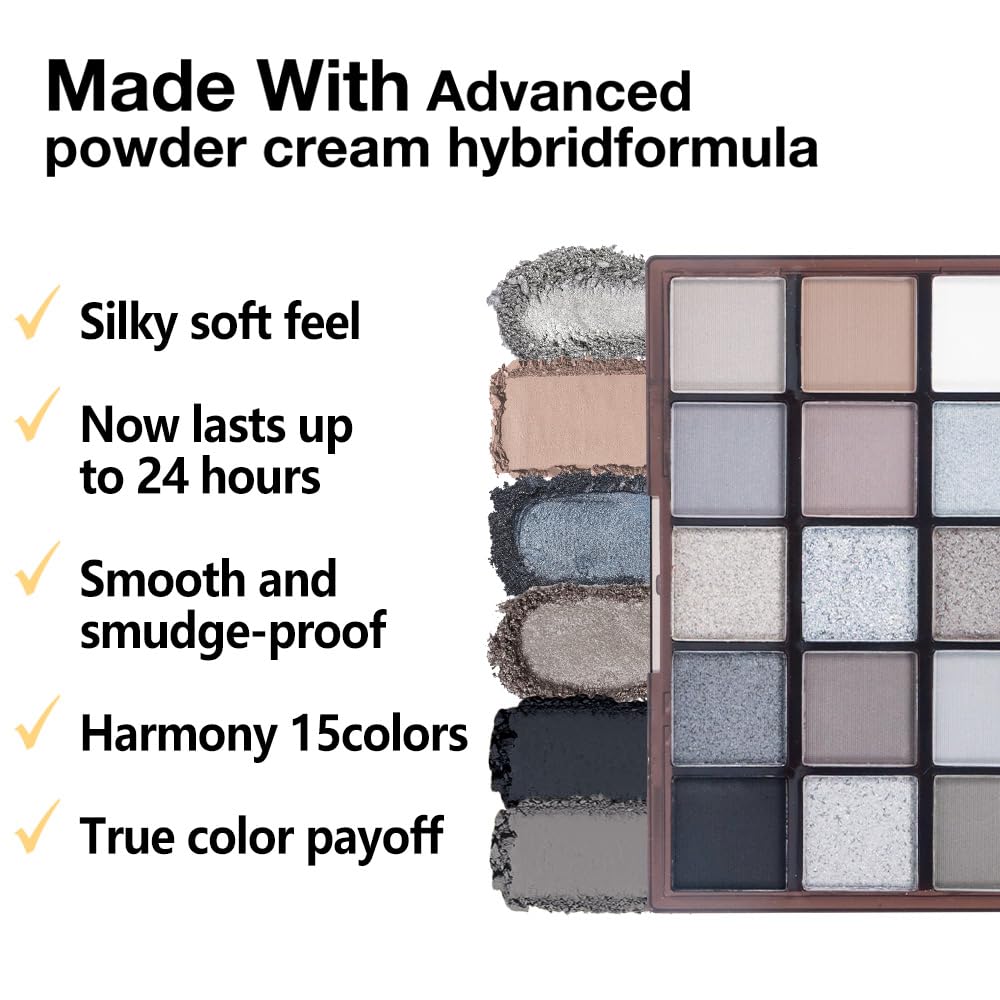 Smokey Black Eye Shadow Makeup Palette,15 Colors Gray Silver Dark Shimmer Matte Makeup Pallet,Long Lasting Waterproof Blendable for Daily and Halloween,Vegan,Cruelty -free-BrightBean Baby