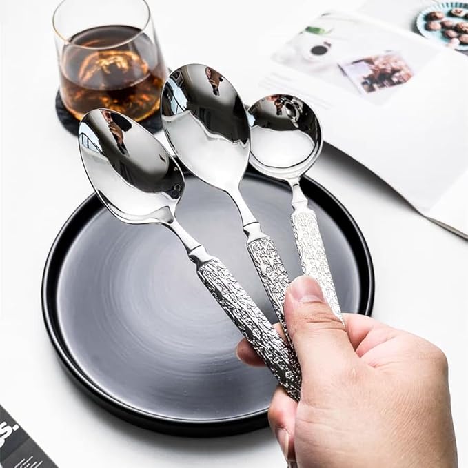 Thickened Stainless Steel Dinner Spoons with Hammered Edge,Serving Spoon Set,Heavy Table Spoons for Dinner, Party Wedding,Set of 4