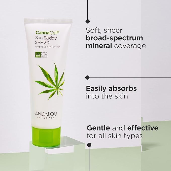 Andalou Naturals Face Sunscreen, CannaCell Sun Buddy SPF 30 with Hemp Stem Cells, Moisturizing Facial Lotion, Broad Spectrum Protection with Non-Nano Zinc Oxide, Reef Safe Sunscreen, 2.7 Fl Oz-BrightBean Baby