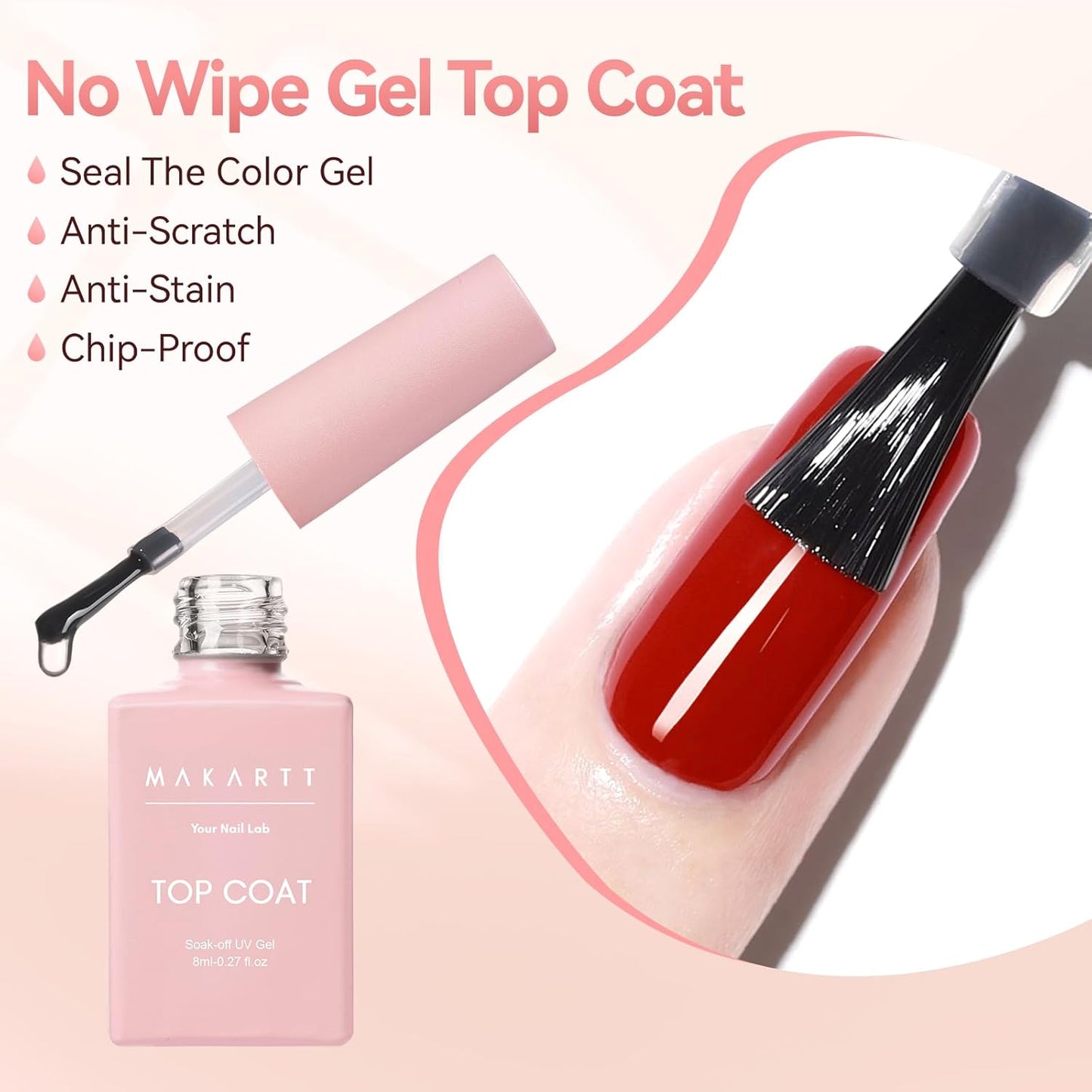 Makartt Gel Top Coat - 2PCS No Wipe Top Coat Gel Nail Polish, Long-Lasting Glossy Finish, Clear Nail Polish, Non-Yellowing, Pink Bottle, Soak Off with UV/LED Lamp, DIY Manicure Gift for Women-BrightBean Baby