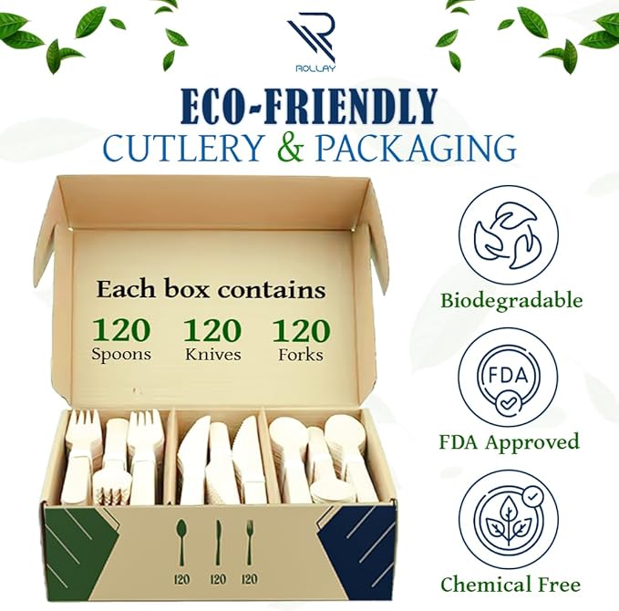 360 PCS Disposable Wooden Cutlery Set - Biodegradable Cutlery Set with Wooden Spoons, Forks, and Knives - Compostable Cutlery Wooden Utensils for Parties, Camping, and Picnic