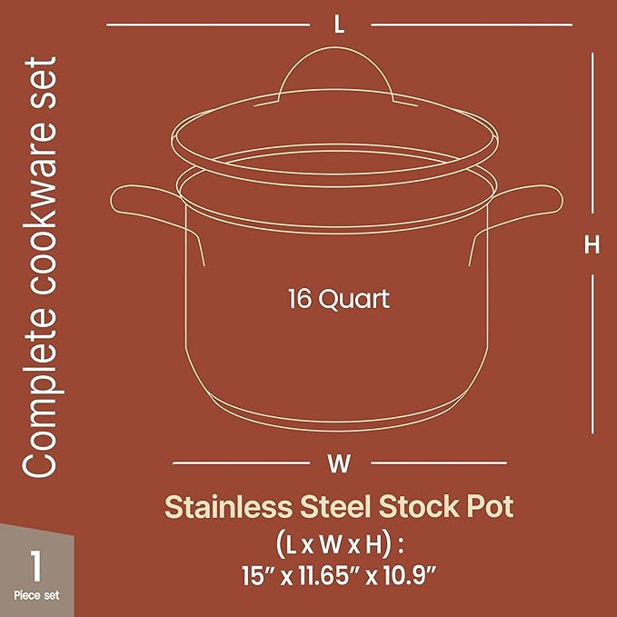 Stainless Steel Stockpot with Tempered Glass Lid 16 Quart, Durable 18/0 Stainless Steel, Impact-Bonded Base for Even Heating, Riveted Handles, Oven & All Stove Compatible, Safe Up To 500°F (260°C)
