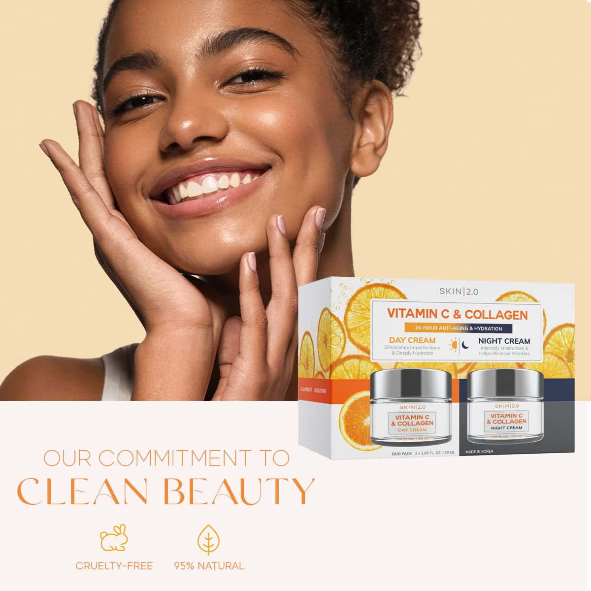 Vitamin C & Collagen Day & Night Face Moisturizer Cream - Dermatologist Tested, Brightening, Anti-Aging, Clean Beauty, Cruelty-Free Korean Skincare for All Skin Types - 1.69 oz (2-Pack)-BrightBean Baby