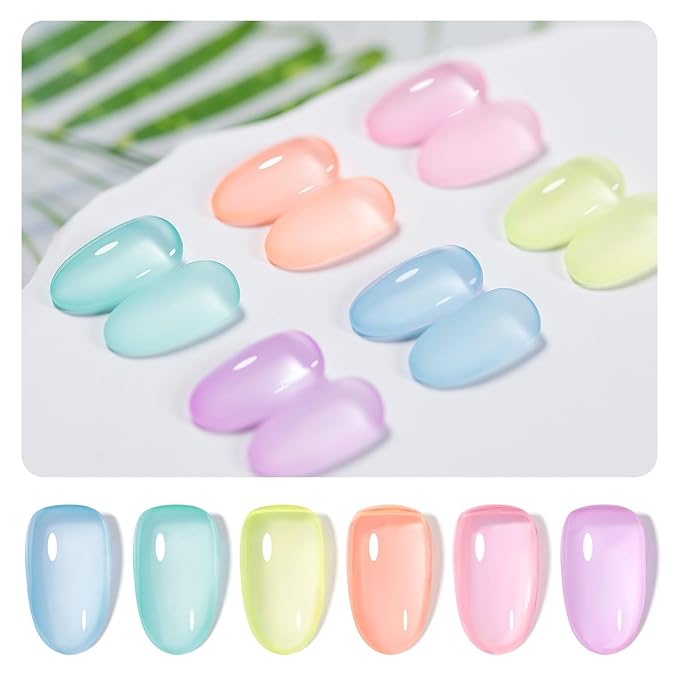 RARJSM Pastel Stained Glass Gel Nail Polish Set 6pcs Clear Orange Yellow Blue Pink Purple Crytal Transparent Jelly Series Sheer Amber Gel Varnish LED UV Curing Requires Spring Easter French Manicure-BrightBean Baby