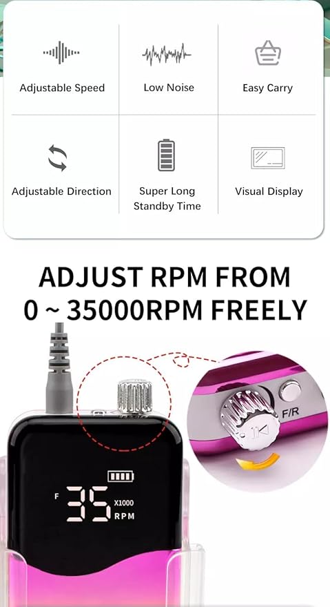 M Mase- Professional Nail Drill Machine - Coreless 2-in-1 Nail File - Electric, Cordless, 35000 RPM, HD Display - Electric Nail Drill for Professional & Home Use (Metallic Gold)-BrightBean Baby