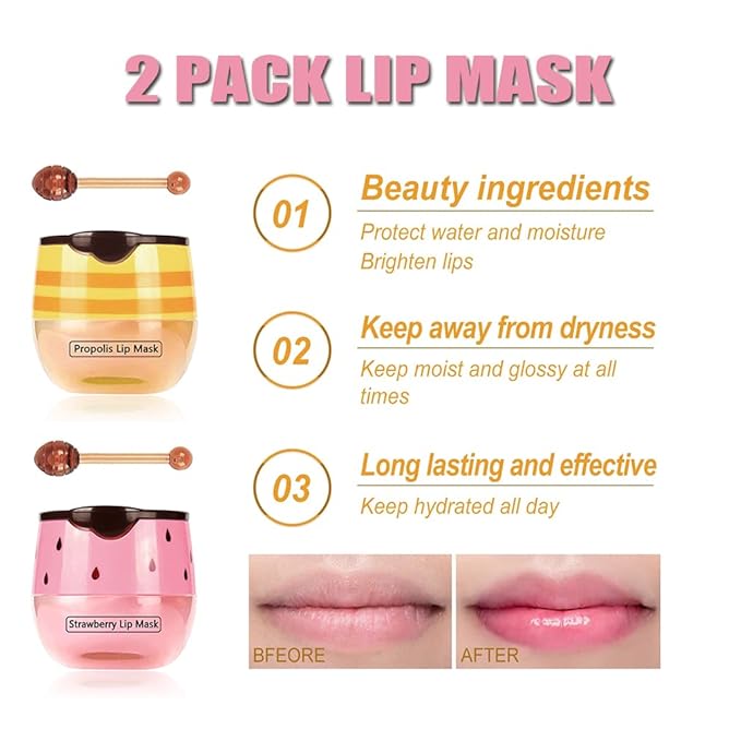 2PCS Bee Lip Balm Honey Pot & Strawberry Vitamin E Lip Sleep Masks Hydrating Prevention Dry and Cracked Lip Scrubs Exfoliator, Reduces Lip Lines，Lip Exfoliating Balm Sleeping Lip Mask-BrightBean Baby