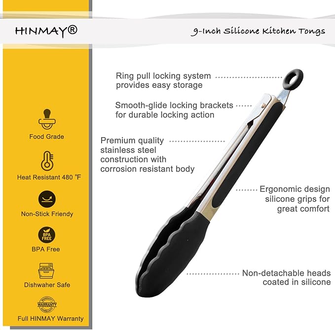 9-Inch Serving Tongs Silicone Tongs, Set of 3 (Black White Gray)