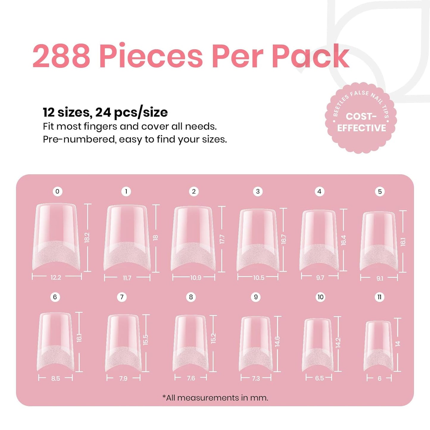 Beetles Gel Nail Tips Kit Etch-X, Square Medium, 288Pcs 12 Sizes, with 10mL Nail Glue, Pre-Etched Half Matte Half Cover Soft Acrylic False Nail Kit for Home DIY Salon Art Fall Press on Nail Extension-BrightBean Baby