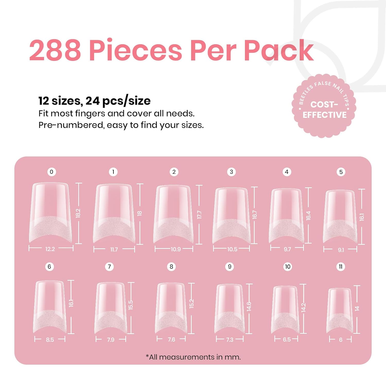 Beetles Gel Nail Tips Kit Etch-X, Square Medium, 288Pcs 12 Sizes, with 10mL Nail Glue, Pre-Etched Half Matte Half Cover Soft Acrylic False Nail Kit for Home DIY Salon Art Fall Press on Nail Extension-BrightBean Baby