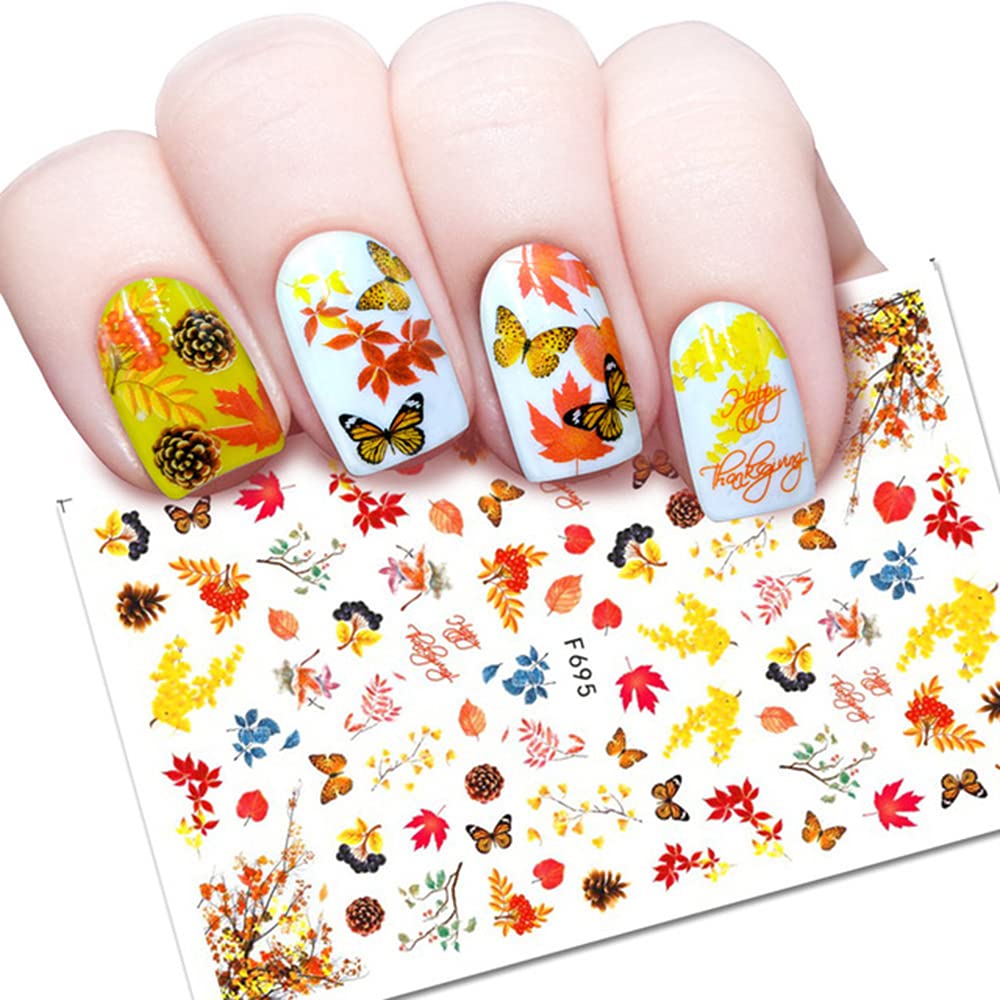 8 Sheets Fall Nail Art Stickers Thanksgiving Nail Decals 3D Maple Leaf Nail Stickers Autumn Butterfly Maple Leaves Nail Designs Decorations for Women Kids Girls Holiday DIY Manicure Charms-BrightBean Baby