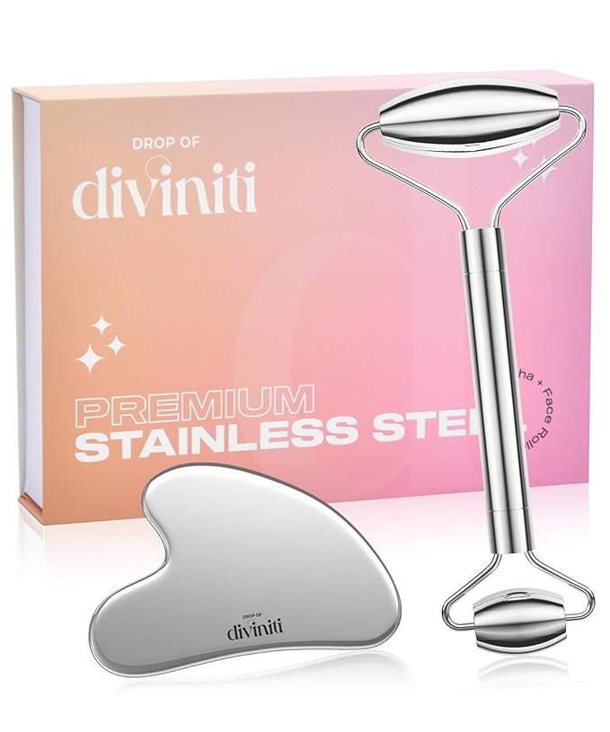 Stainless Steel Face Roller - Premium Gua Sha Facial Tools Stainless Steel GuaSha Tool and Face Roller Set - Gua Sha Stainless Steel Gua Sha Tool - Metal Face Roller and Gua Shua Set - Spa Gifts-BrightBean Baby