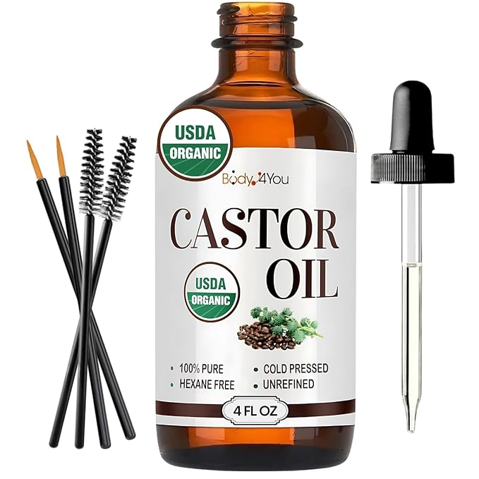 Organic Castor Oil (4oz) - 100% Pure Natural Cold-Pressed Hexane-Free USDA Certified - Glass Bottle - Hair Growth Oil for Scalp Eyelashes Face Skin - Dry Skin Moisturizer Natural Hair Care-BrightBean Baby