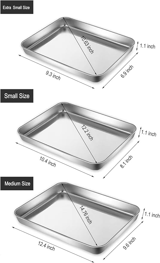 Small Cookie Baking Sheet Pans Stainless Steel 304 Little Serving Tray 10.4 x8.1 x1.1Inch (Diagonal 12.3) Reheat Food Small Items No Rust Dishwasher Safe for 2 Person 2 Pack