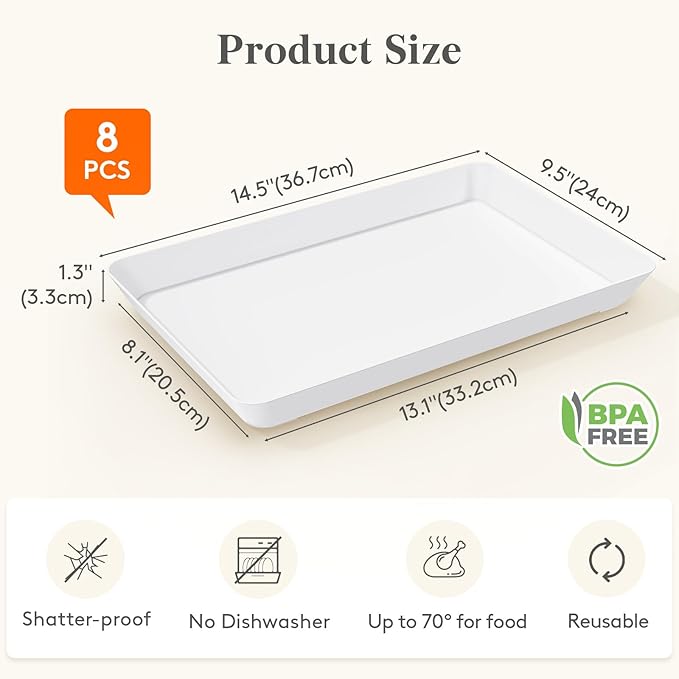 Lifewit Plastic Serving Tray for Party Supplies, 15" x 10" White Trays for Serving Food, Reusable Large Platter for Buffet, Fruit, Dessert, Snack, Veggie, Kitchen and Outdoor Use, Rectangle, 8 Pcs