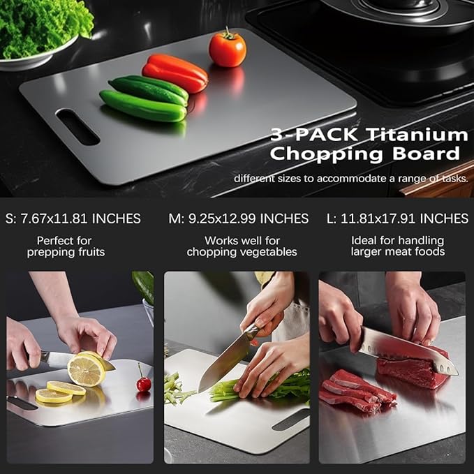 Titanium Cutting Board Set of 3,100% Pure Titanium Cutting Boards for Kitchen Double Sided,Hygiene Durable Dishwasher,Fruit & Vegetables （3P-L)