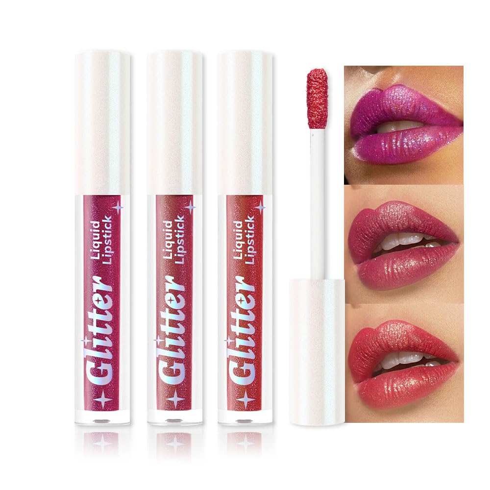 3Pcs Metallic Lipstick for Women,Lightweight Glitter Sparkling Liquid Lipsticks,Shimmer Lip Gloss Stain Long Lasting Waterproof Smudge Proof Non-Drying 24 Hour Full Coverage Lip Makeup,Vegan-BrightBean Baby