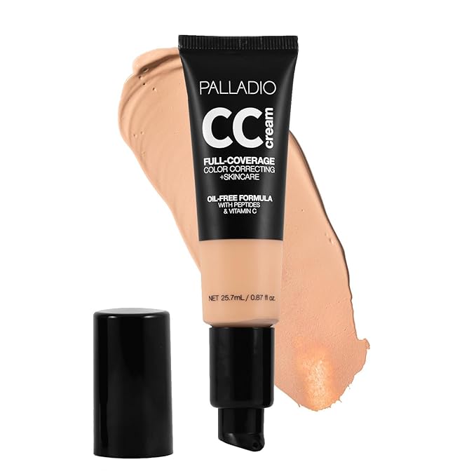 Palladio Full-Coverage Color Correction CC Cream, Oil-Free with Peptides & Vitamin C, Best for Correcting Redness and Uneven Skin Tone, Buildable Foundation Coverage (Light 22N)-BrightBean Baby