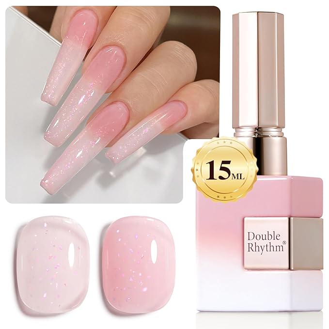 Double Rhythm Gel Polish Translucent Sheer Neutral Natural Light Milky Same Color Same Bottle 15ML Jelly Polish Art DIY at Home (Milky Pink Glitter-A1379)-BrightBean Baby