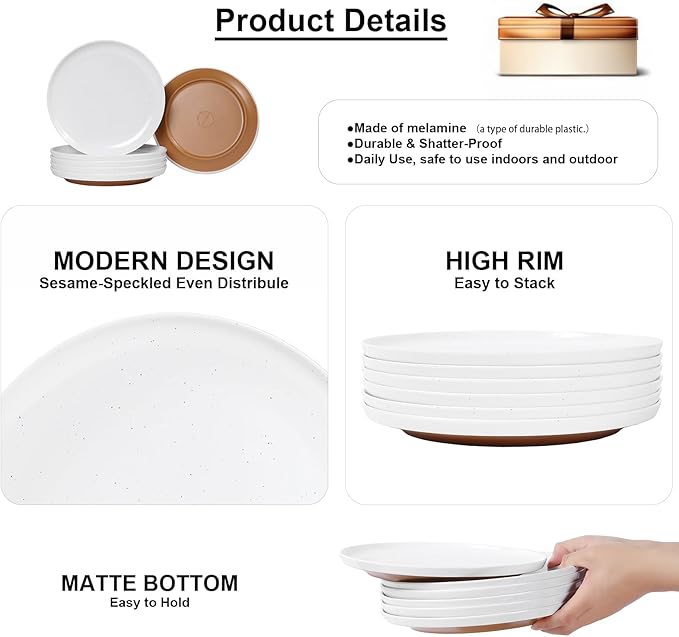 Webbylee Melamine Dessert Plates Set of 6-7.56" Serving Durable Dishes Perfect for Kitchen Outdoor Use,Durable Small Plates for Salad-White & Brown