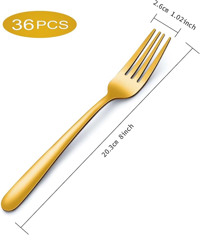 Pleafind 36 Pieces Gold Dinner Forks Set (8 inch), Forks Silverware, Mirror Polished Fork Set, Small Forks for Home, Kitchen, Restaurant, Dishwasher Safe