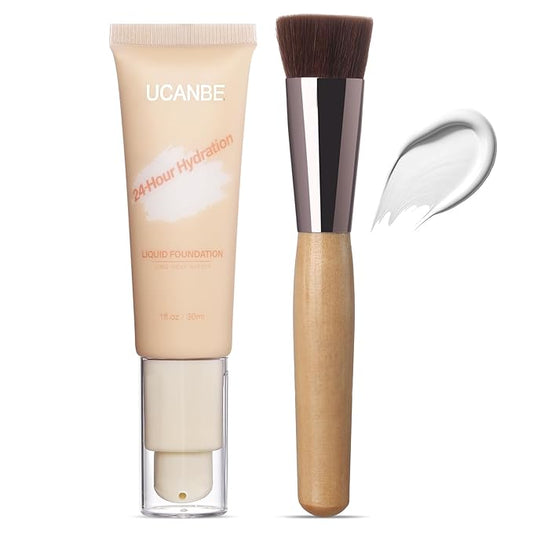 UCANBE White Liquid Foundation with Brush, Skincare Serum Foundation Face Makeup with Hyaluronic Acid, Medium to Medium to Full Coverage Waterproof Oil Control Longwear, for Mature Skin, 1 fl. oz.-BrightBean Baby