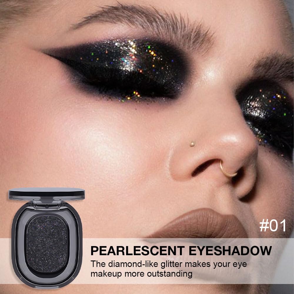 Black Glitter Eyeshadow Palette Makeup for Women, Glitter Shimmer Metallic Holographic Iridescent Single Monochrome Eyeshadow Halloween Birthday Party Wear Makeup, Sombras Crema Para Ojos-BrightBean Baby