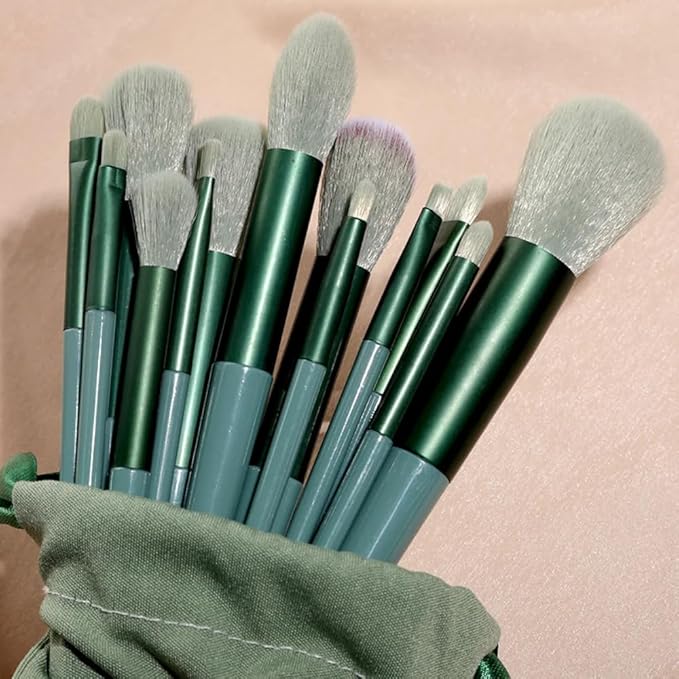 Foundation Makeup Brush Set Kit | 13 Pcs Premium Synthetic Kabuki Eye Shadows Make Up Brushes + 1 Sponge + 1 Brush Bag for Travel and Home Use (GREEN)-BrightBean Baby
