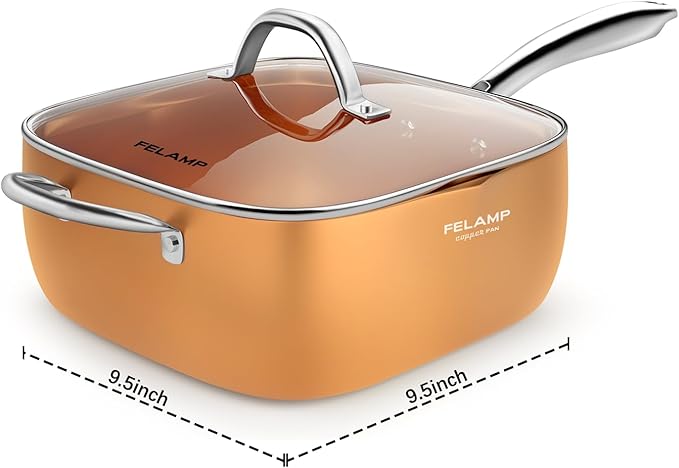 FELAMP 9.5 Inch Ceramic Nonstick Deep Square Frying Pan Set - 4 Piece Copper Cookware