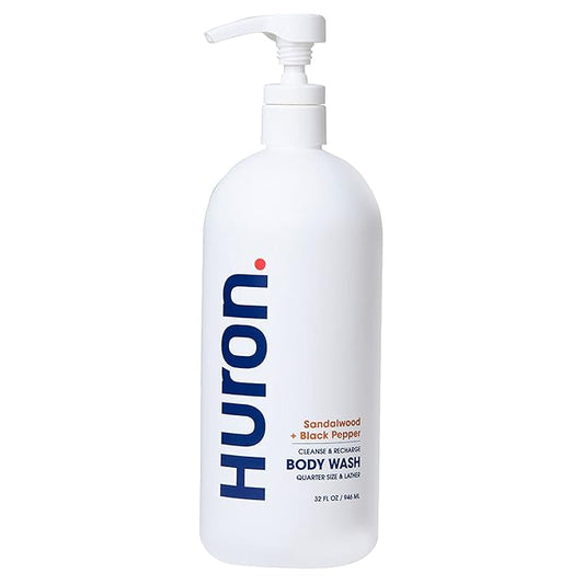 Huron Men’s Moisturizing Body Wash - Clean & Woody Scent of Sandalwood, Black Pepper, Cedarwood, & Amber - Made With Coconut Oil, Vitamin E & Witch Hazel - Vegan, Cruelty-Free - 32 fl oz-BrightBean Baby
