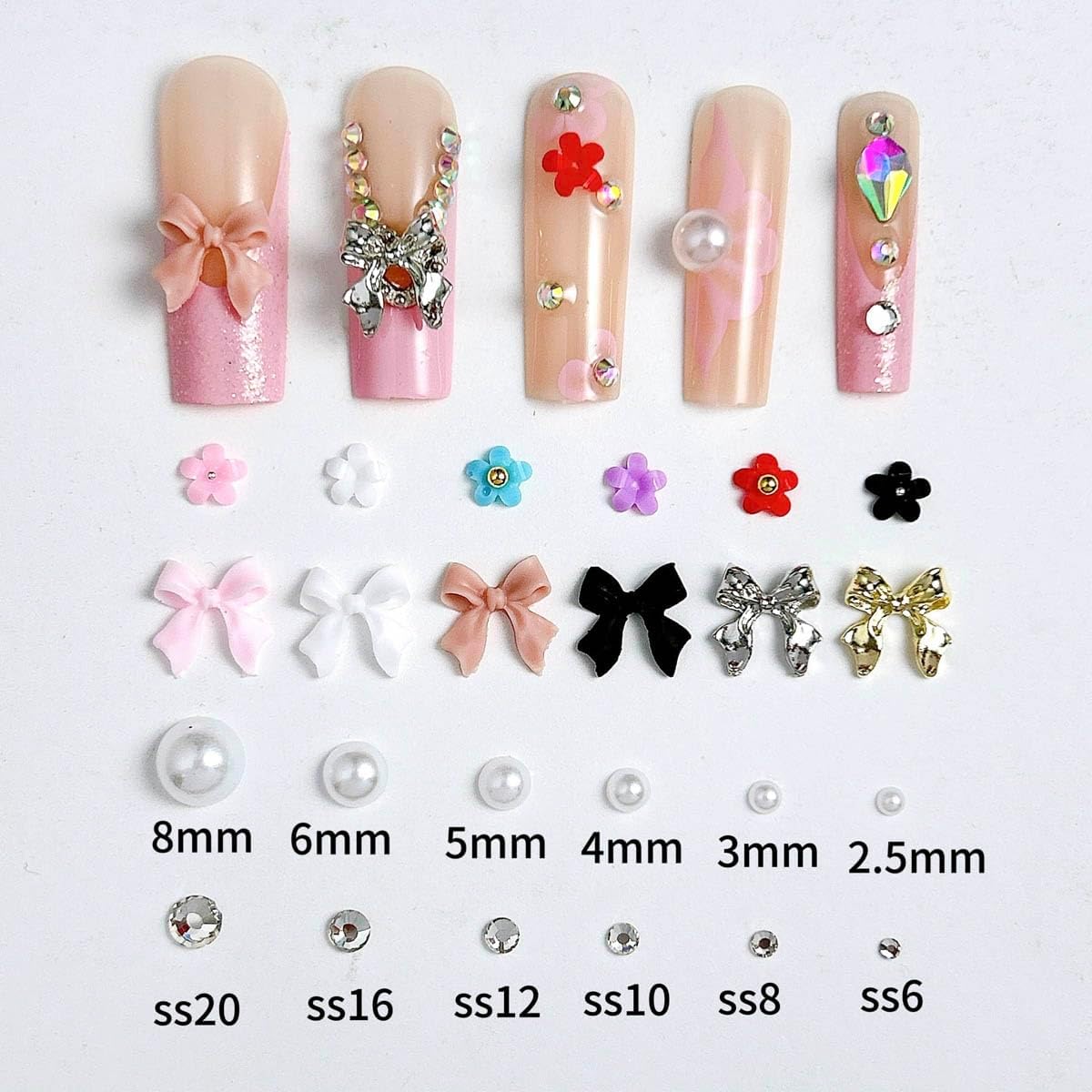 White Pearl Nail Charms and Gems, 3D Colorful Flower Kawaii Metal Bow Charms for Nail Art Rhinestone Nail for Manicure DIY Crafts Jewelry Accessories-BrightBean Baby