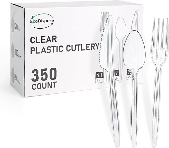 EcoDispose 350 Count Plastic Silverware, Heavy Duty Plastic 200 Forks. 100 Spoons, 50 Knives Disposable Utensils Cutlery Set for Party Supplies
