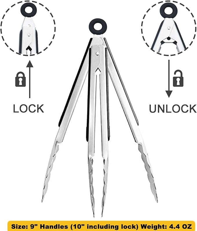 Stainless Steel Kitchen Tongs 9-Inch Cooking Tongs, Set of 3