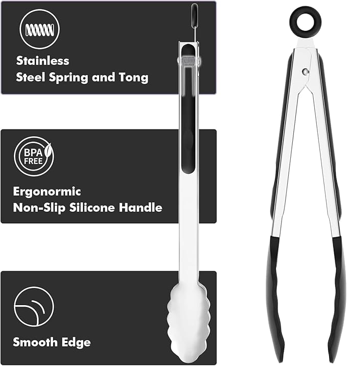 Set of 2 Cooking Tongs,600ºF High Heat-Resistant,Kitchen Utensils,Cooking Utensils for Grill,Salad,BBQ,Frying,Baking,Serving 9/12 inches