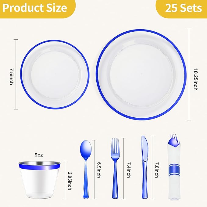 Goodluck 175 Piece Dark Blue Plastic Dinnerware Set for Party, Clear Disposable Plates for 25 Guests, Include: 25 Dinner Plates, 25 Dessert Plates, 25 Pre Rolled Napkins with Cutlery Set, 25 Cups