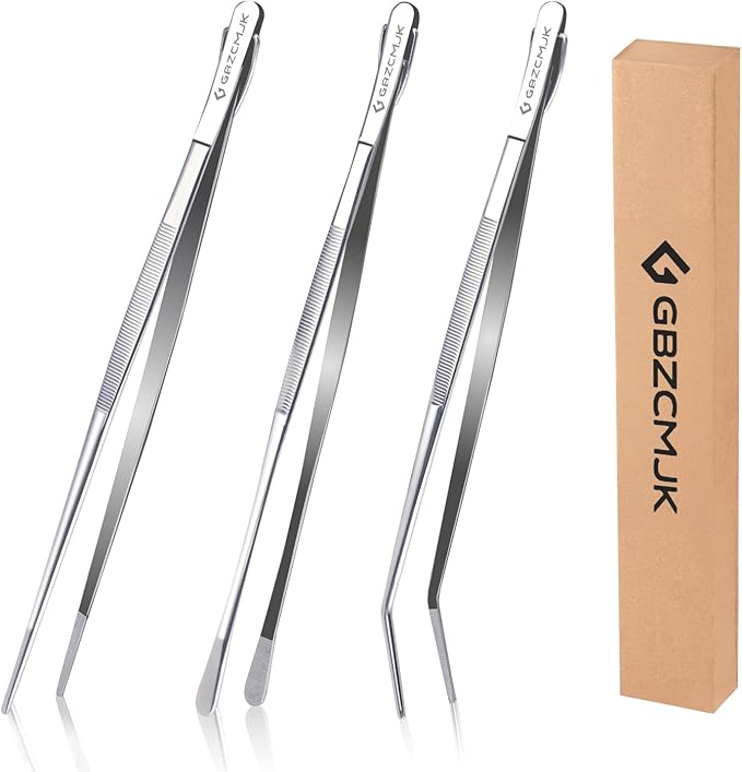 3 Pcs Kitchen Tweezers, 12'' and 11.6" Stainless Steel Tongs For Cooking, Professional Cooking Tongs, Chef Cooking Tweezers, Sea food, BBQ, Plating and Serving