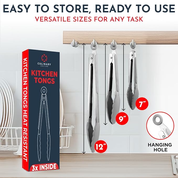 Kitchen Tongs for Cooking with Silicone Tips, Heat Resistant Tongs for Serving Food, 7-Inch, 9-Inch, 12-Inch Locking Silicone Tong, Set of 3 Salad Tong, Grey Kitchen Utensils