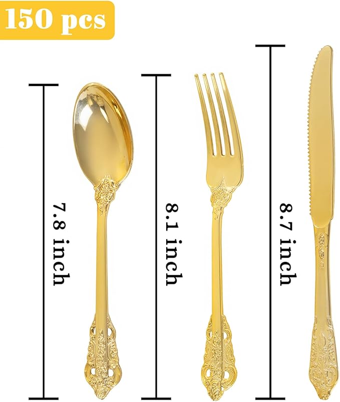 bUCLA 150PCS Gold Plastic Silverware Disposable - Heavy Duty Plastic Cutlery - Gold Disposable Utensils Set - Include 50 Knives, 50 Forks, 50 Spoons for Party & Thanksgiving