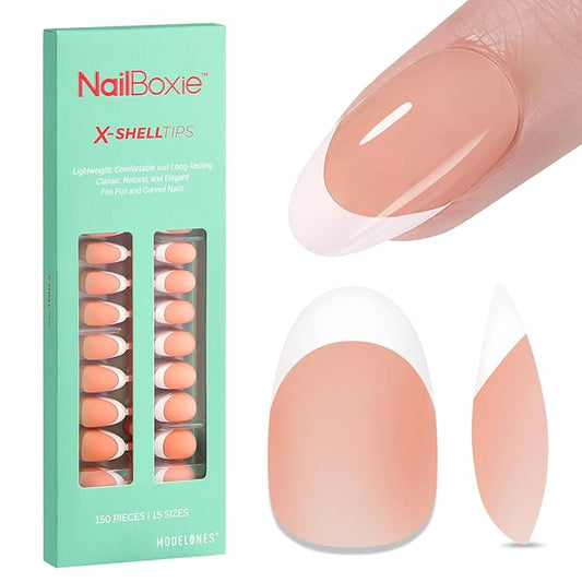 modelones Press on Nails, 150 Pcs French Tip Press on Nails, NailBoxie Brown Short Almond Nail Tips, Soft Gel Nail Tips, Ideal for Wedding, Party, Daily DIY Nail, 15 Sizes (S)-BrightBean Baby