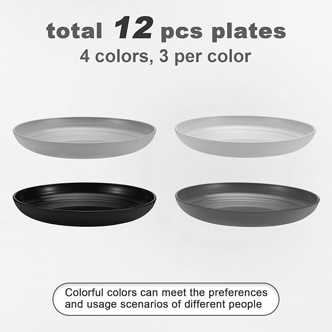12 Pcs Unbreakable Deep Dessert Plates Set, 8 inch Reusable Plastic Wheat Straw Plates, Microwave and Dishwasher Safe Plate for Kitchen, Lightweight Plate for Dessert, BPA Free, 4 Colors