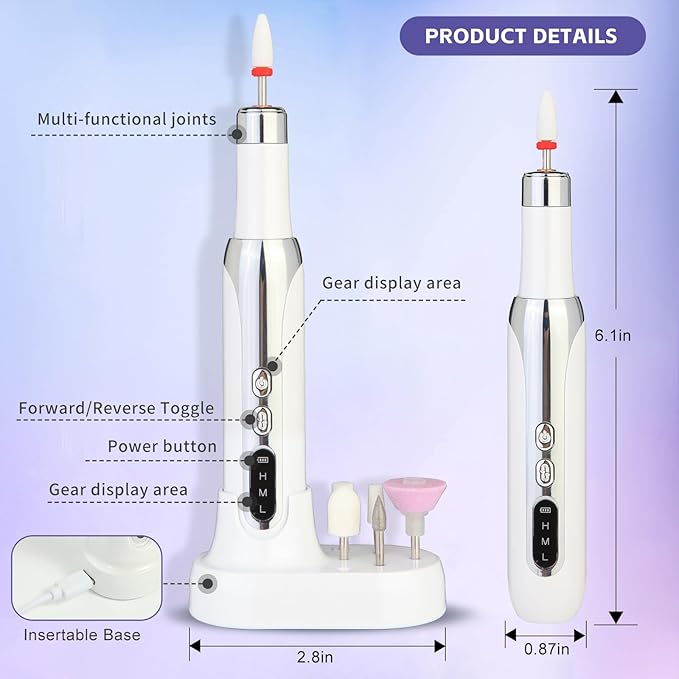Electric Nail Drill File Cordless,Portable Rechargeable Nail File Kit for Acrylic & Gel Nails,Professional Efile for Manicure Pedicure Polishing,with 12 Nail Drill Bits 31 Sanding Bands,White-BrightBean Baby