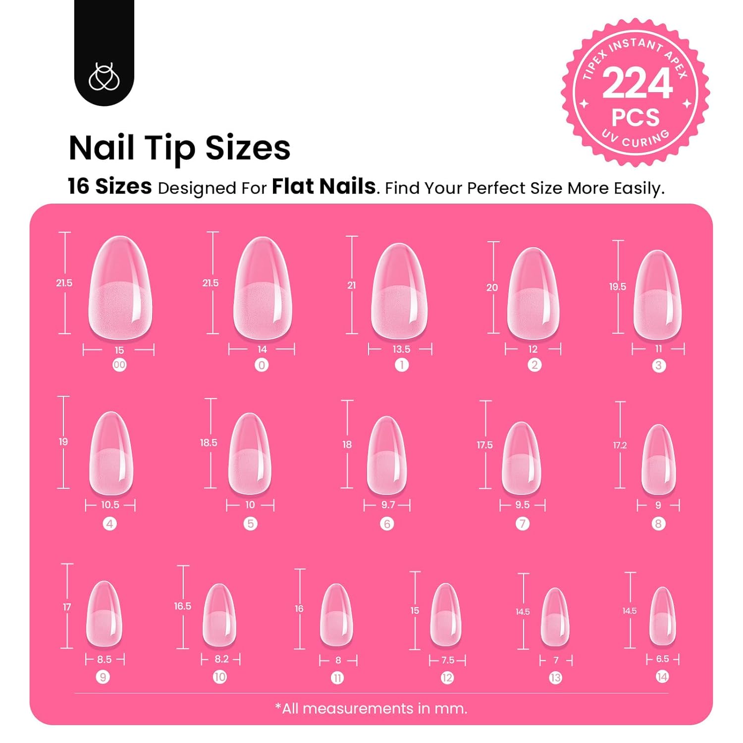 Beetles Tipex Instant Apex Nail Tips Kit, Oval Short 224Pcs 16 Sizes Pre-Building & Pre-Etched Thicker Acrylic Nails False Nail Extension with Tipex Uv Nail Glue Mini Nail Lamp-BrightBean Baby