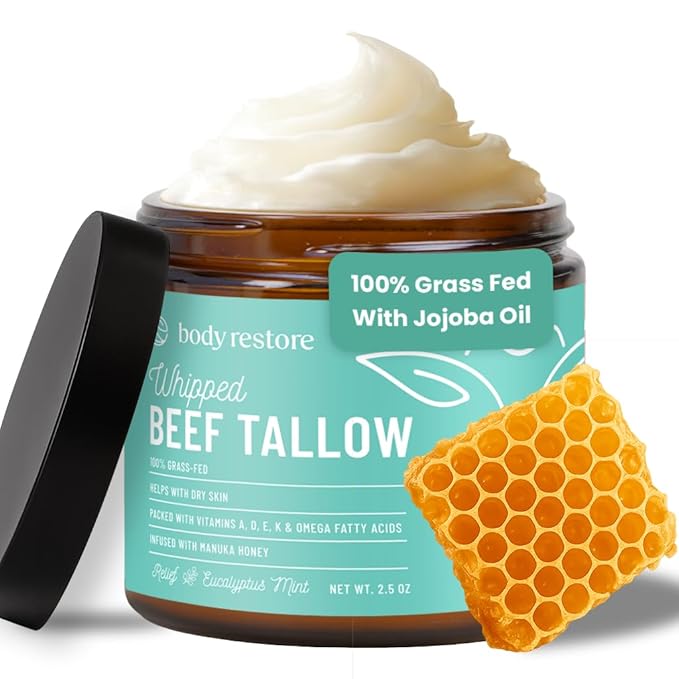 Body Restore Grass Fed Whipped Beef Tallow for Skin, Face, Body, Dry Skin - with Manuka Honey, Jojoba Oil, Birthday Gifts for Women, Men, Travel Essentials, Self Care - Eucalyptus-BrightBean Baby