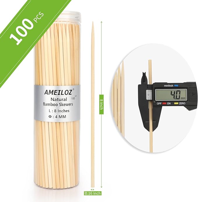 8" Bamboo Wooden Skewers for BBQ, Kebob, Appetizer, Fruit, Sausage, Chocolate Fountain, Natural Wood Barbecue Kabob Skewer Stick, Organic Food Sticks for Grilling, Kitchen (Φ=4mm Thick, 100PCS)