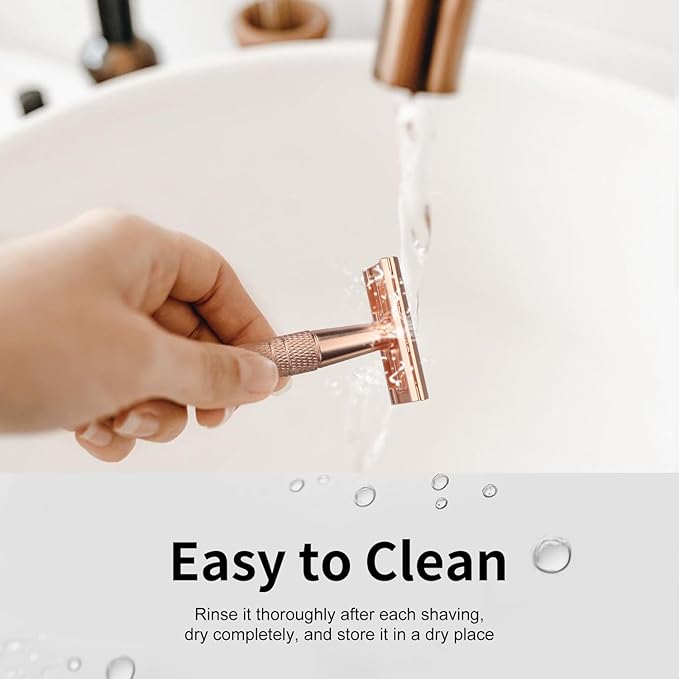 Matte Rose Gold Safety Razor, Single Blade Razors for Women, Reusable Metal Razor, with 10 Stainless Steel Double Edge Blades, Eco-friendly, Smooth & Close Shave, Plastic Free-BrightBean Baby