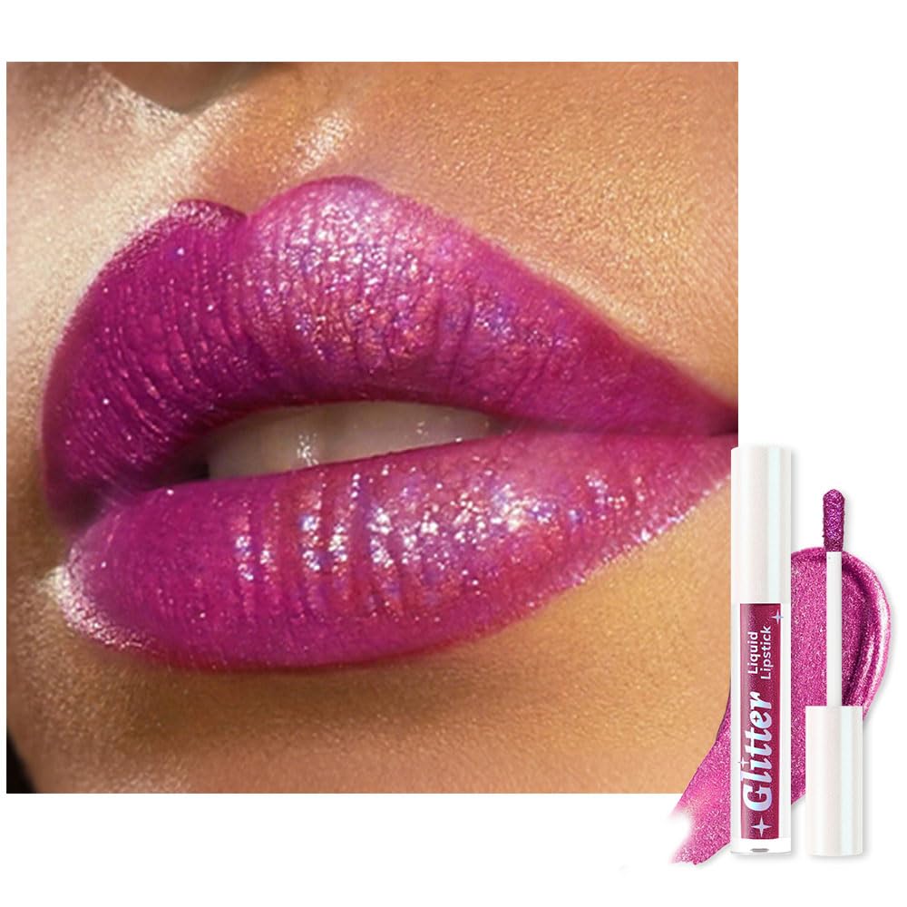 Purple Metallic Lipstick for Women,Lightweight Glitter Sparkling Liquid Lipsticks,Shimmer Lip Gloss Stain Long Lasting Waterproof Smudge Proof Non-Drying 24 Hour Full Coverage Lip Makeup,Vegan-BrightBean Baby