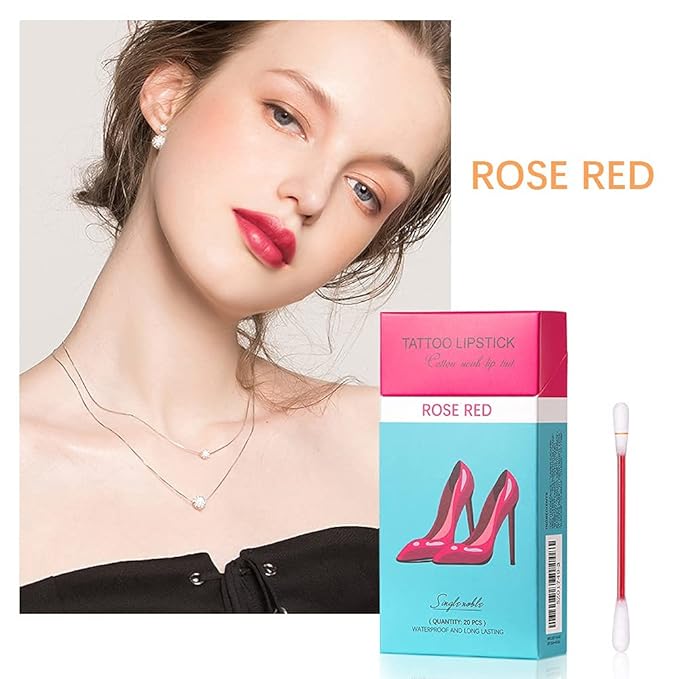 FLIPNEX 20Pcs Cotton Swab Tattoo Lipstick, Tattoo Lipstick Cotton Swab Lip Tint, Waterproof and Long Lasting Liquid Non-Stick Portable Lip Gloss (Rose)-BrightBean Baby